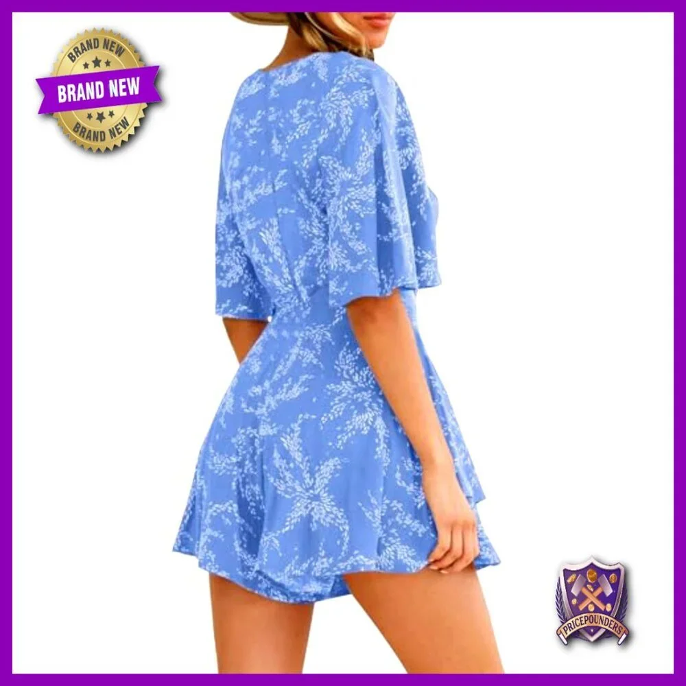 Summer Floral Romper with Ruffle Hem, V-Neck, Adjustable Waist Tie